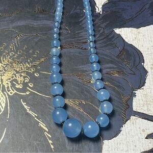 Estate Vintage Elegant Blue Glass and Dark Oxidized Silver Beaded Necklace D2